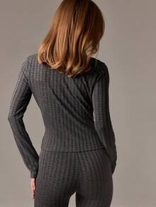 AiiRZ 长袖纽扣罗纹针织开衫修身短款上衣，带镂空细节，秋冬分层单品，扇形领口，弹力优雅休闲装 - 駝色 - 查看 2