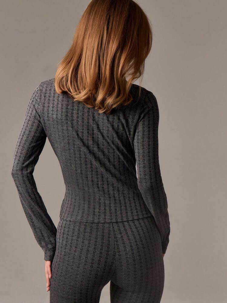 Ribbed Knit Button Up Cardigan With Scalloped Neck