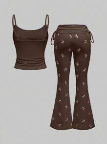 ROMWE J-Fashion 可爱鹿刺绣蕾丝上衣搭配鹿印花喇叭裤 - 棕色 - 查看 2