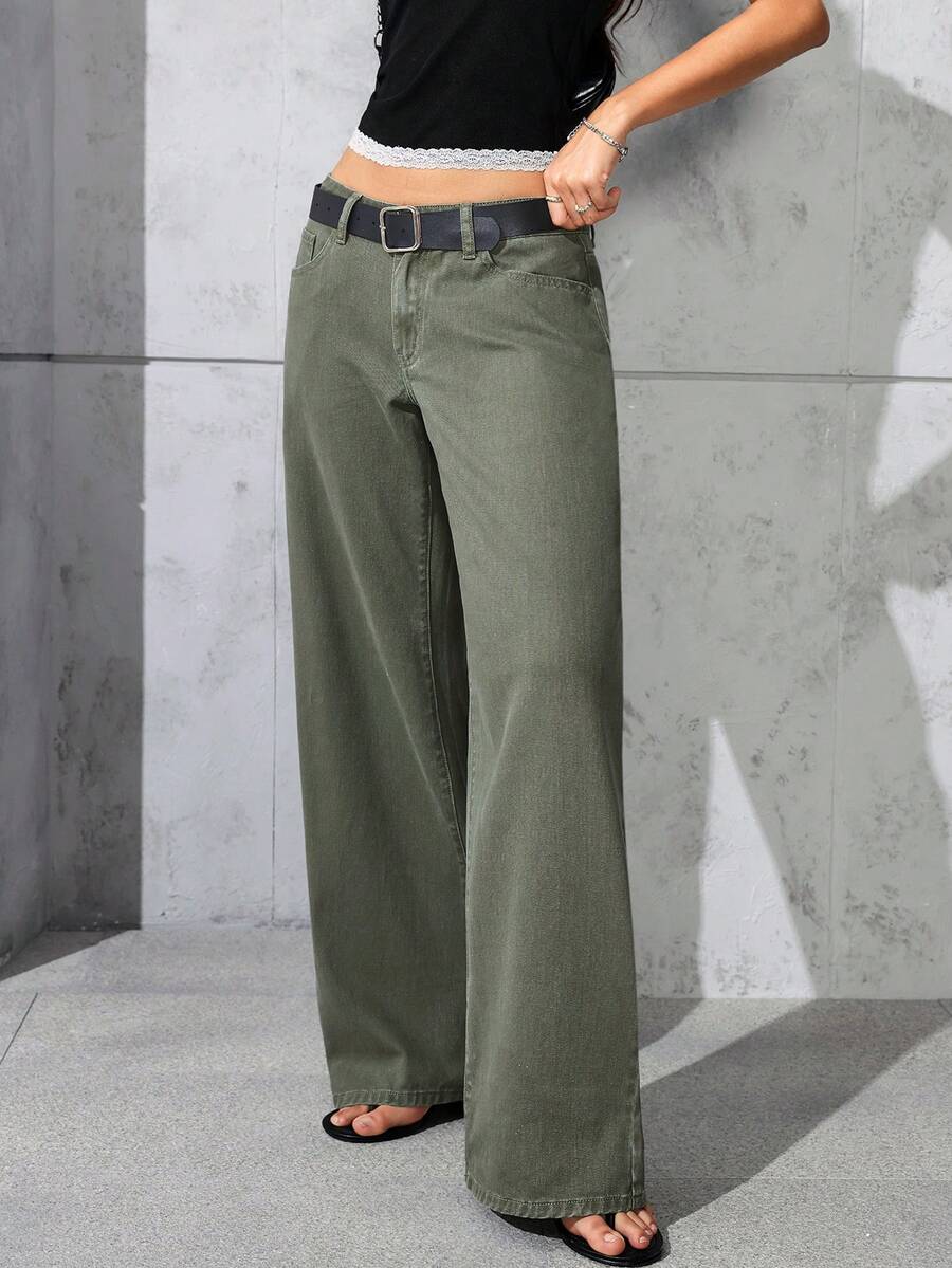 SHEIN ICON 休闲水洗低腰直筒牛仔裤 - 軍綠色 - 查看 1