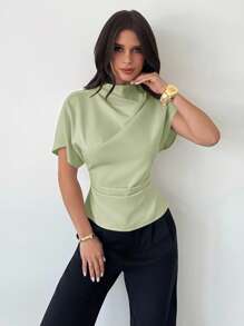 Firerie Crinkle Collar Asymmetrical Sleeve Side Ruched Waist Slim Fit Apricot Bamboo Linen Fabric Blouse For Women, All Season,Elegant Women's Blouses - Mint Blue - View 4