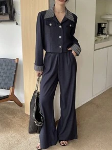 DAZY 女式条纹翻领长袖单排扣夹克和裤子休闲两件套 - 藏蓝色 - 查看 8
