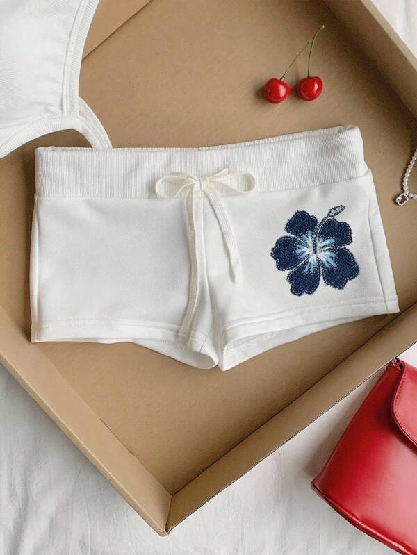 Comfortcana Pantalones cortos ajustados con estampado floral y cintura con cordón, para verano