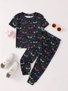 SHEIN 2pcs/Set Young Girls Glowmode Glow-In-The-Dark Cartoon Cat Print T-Shirt Leggings Snug Fit Pajamas Black Summer Fairy Family Matching Sleepwear Set - Black - View 3