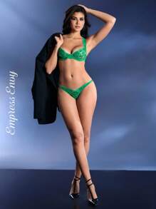 Floral Lace Underwire Lingerie Set - Green - View 5