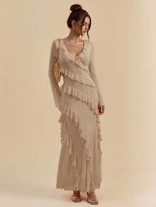 SHEIN BAE Vestido largo con volantes de manga larga, romántico de otoño, elegante para citas, viajes, ropa interior de otoño, adecuado para el Día de San Valentín, lazos, vestidos elegantes para mujer, vestidos de fiesta, vestidos formales para mujer, vestidos midi para mujer, vestidos de verano, malla, mangas transparentes, vestidos casuales, vestidos de novia para damas, curvas plus, vestidos de cumpleaños talla grande, curvas, vestidos de gala, verano, otoño