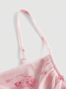 SHEIN MOD Floral Print Ruched Lettuce Trim Mesh Slim Fit Valentine Day Pink Cami Dress,Summer Dresses For Women