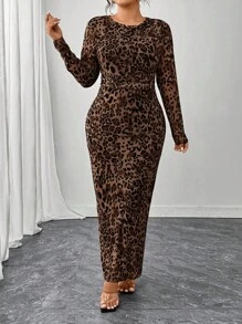 SHEIN Tall CURVE Elegant Fitted Bestselling Fashionable Leopard Print Fabric Long Sleeve Dress, Coffee Color, Plus Size, Spring/Summer/Autumn Fall Cloth For Women - Coffee Brown - View 3