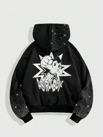 Astro Boy X ROMWE Street Life Men's Cartoon Figure Graphic Black Pullover Hoodie