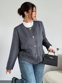 Firerie Plus Size Women's Simple Gray Collarless Commute Daily Minimalist French Elegant Jacket Winter Fall Autumn - Grey - View 3