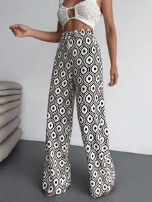 EURMUSE Damen, Frühling, Sommer, Retro-Allover-Muster, Crinkle-Stoff, Muster, lange Länge, Gummibund, Hose