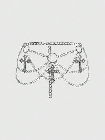 Goth 1 Stück Damen Silber Blumen Reben Kreuz Dekor Dunkel Punk Stil Mehrschichtiger Ketten Gürtel Kleid Accessoire, vielseitig für den täglichen Gebrauch und Halloween geeignet