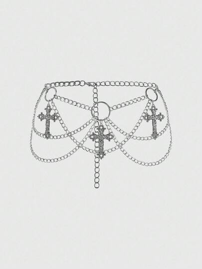 Goth 1pc Women's Silver Floral Vine Cross Decor Dark Punk Style Multi-Layer Chain Belt Dress Accessory, Versatile For Daily Wear And Halloween