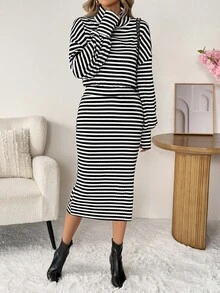 SHEIN LUNE 女式休闲条纹腰部收腰长袖中长连衣裙 - 黑與白 - 查看 9