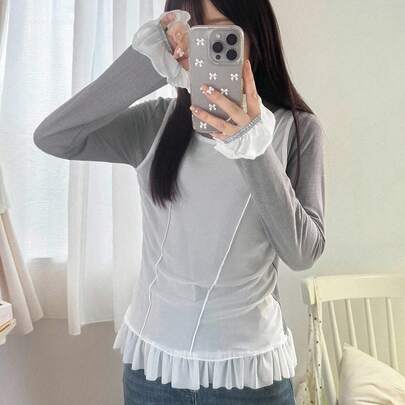 여성용 라운드 넥 긴팔 패치워크 쉬어 메쉬 소재 러쉬드 헴 핏팅 긴팔 티셔츠, 가을