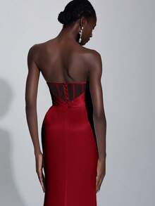 Elitara Solid Color Pleated Elegant Strapless High Slit Satin Wedding Dress - Burgundy - View 4