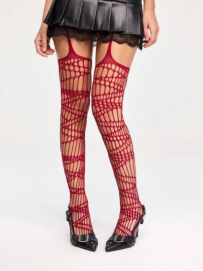 Grunge Punk 1 Pair Sexy Fishnet Stockings, Burgundy Hollow Out Suspender Style, Minimalist Geometric Hollow Design, Ultra-Thin Elastic Sheer Tights