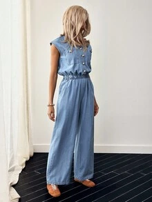EMERY ROSE Women's Casual Fashion V-Neck Button Up Denim Jumpsuit