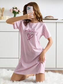 SHEIN Women Striped With Round Neck Cute Lettered&Heart Print Short Sleeved Pajama Night Dress Women Sleepwear Dress Night Dress Sleepwear Women Pajama Dress Short Nightgown Womens Nightdress