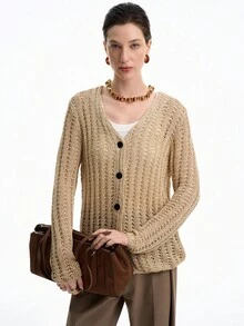 SHEIN LUNE 初秋度假风V领优雅复古宽松休闲开衫，轻盈针织镂空V领宽松版型纽扣外套 - 卡其色 - 查看 4