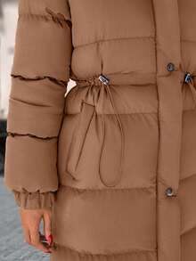 EURMUSE Zip Up Drawstring Waist Long Padded Coat - Camel - View 6
