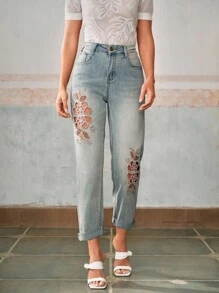 Anewsta Elaire Jeans casuales lavados con bordado floral, calados y decorados con rhinestones - Azul - Ver 5