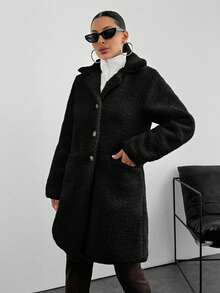 EURMUSE Women Warm Fabric Pocket Elegant Overcoat - Black - View 5