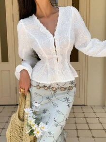 SHEIN Frenchy 女士度假休闲纯色蕾丝花边刺绣衬衫 - 米色 - 查看 3