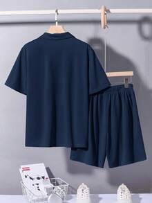 SHEIN Teen Boys' Blue Solid Color Shorts & Polo T-Shirt Set, Casual, Comfortable, Fashionable, Versatile, Suitable For Daily Wear, School, Travel, Beach Vacation