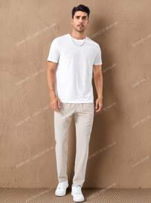 HIMLAND Pantaloni lunghi e affusolati in cotone da uomo con coulisse in vita, tasca con toppa, in lino khaki semplice da marito per uscire