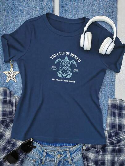 INAWLY 2025 女款墨西哥湾海龟图案休闲圆领短袖宽松 T 恤，适合男女日常穿着