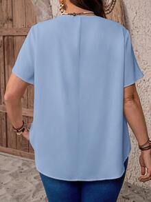 EMERY ROSE 大码V领褶皱夏季短袖休闲纯色上衣，乡村休闲度假风女装，简约时尚，适合日常穿着，夏季女装上衣，夏季女装 - 藍色 - 查看 2