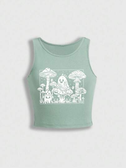 Fairycore Girls' Casual Mushroom & Ghost Cartoon Print Ribbed Tank Top