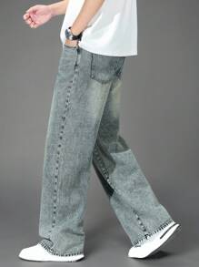 SHEIN 青少年男童新款水洗时尚宽松直筒牛仔裤，街头风休闲百搭牛仔裤，四季皆宜，秋冬季时尚有型。 - 中等水洗藍 - 查看 9