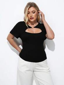 Maija Camiseta de mujer de talla grande de unicolor con diseño calado de manga corta ajustada, camiseta de moda de verano para mujer, vacaciones, playa, casual, salir, bohemia, oficina, festival para rave, Hawái - Negro - Ver 7