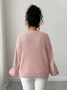Elenzga Plus Size Women's Beaded Crew Neck Sweater Winter Fall Autumn - Pink - View 2
