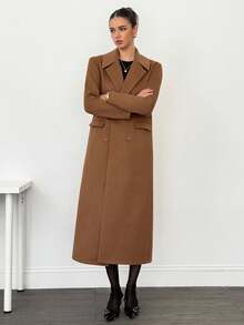 SHEIN Tall Women's Solid Color Lapel NeckLong Sleeve Double-Breasted Casual Long Jacket Long Brown Coat In Fall/Winter