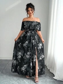 SHEIN Clasi 2025 夏季新款大码女装时尚花卉印花露肩荷叶边露肩收腰修身长裙，适合度假、约会、日常通勤、郊游和旅行 - 黑與白 - 查看 4