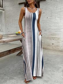 Breezaya 女士条纹圆领口袋休闲长裙，夏季 - 藏蓝色 - 查看 3