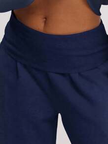 MUSERA 超宽腿翻折腰头运动裤，机场休闲夏季冬季慢跑裤，居家休闲两相宜 - 藏蓝色 - 查看 5