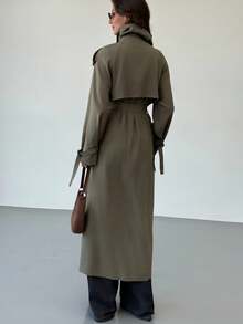 Aloruh 秋冬新款简约时尚立领喇叭腰系带宽松休闲长款风衣 - 綠色 - 查看 2