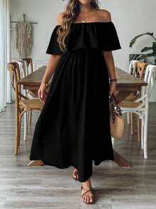 SHEIN VCAY 大码黑色露肩宽松A字连衣裙，度假休闲连衣裙，黑色连衣裙 - 彩色 - 查看 4