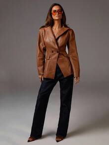 Athîral Women's Lapel NeckLong Sleeve Double-Breasted Fashion Blazer In Fall/Winter - Brown - View 4