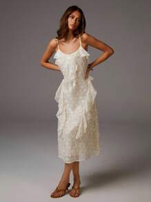 Athîral Women's Elegant Solid Color Textured Ruffle Hem Sleeveless Midi Dress, Summer White Dress Ruffle Dress Organza Dress White Silk Dress Floral Dress - Apricot - View 2