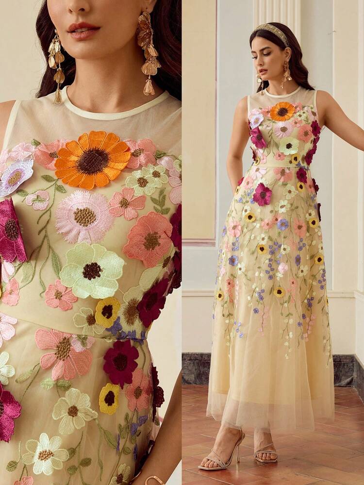 ZEYLAH Vestido elegante sin mangas de malla bordada con flores