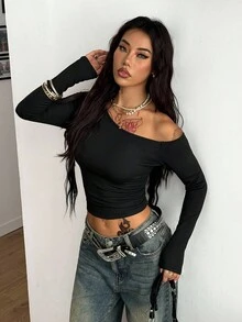 Coolane Áo thun crop top hở vai cổ bất đối xứng màu đen co giãn, tối giản Y2K, mặc thường ngày, ấm áp, có mũ trùm đầu, chất liệu nỉ dành cho nữ mùa thu - màu đen - Xem 4
