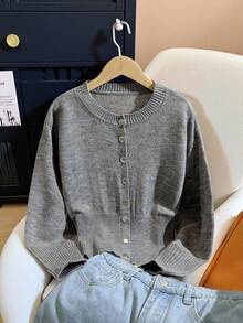 SHEIN 青少年女孩休闲家居服/街头服饰纽扣式圆领长袖开衫，麻灰色 - 灰色 - 查看 2