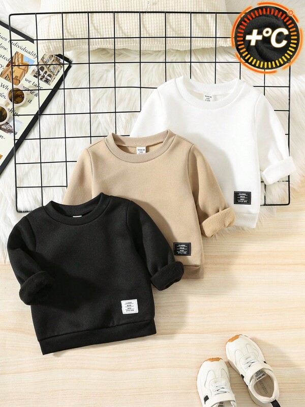 SHEIN 3 Stücke/Set Baby Jungen/Mädchen Lässige Süße Sport Streetwear Alles-Passend Kapuzenpullover, Schwarz/Weiß/Khaki, Bequem & Modisch, Geeignet für Frühling, Herbst & Winter