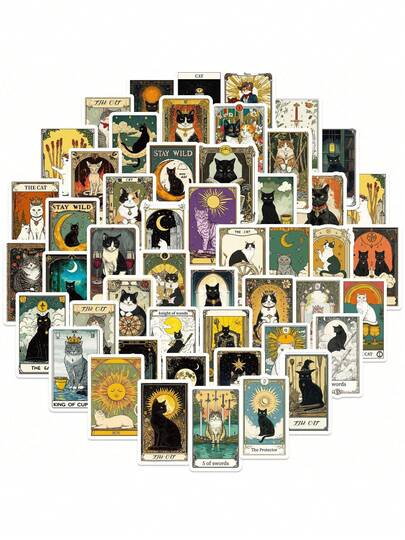 SHEIN 50Pcs Retro Cat Tarot Card Sticker Pack For Scrapbook, Aesthetics Animal Stickers For Scrapbook, Luggage, Car, Phone Case, Room Decor, DIY Creative Sticker, Party Decor, Cute Graffiti Vinyl Waterproof Stickers For Teens Adults School Supplies