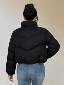 SHEIN PETITE Women's Zipper Long Sleeve Fashionable Popular Winter Insulated Padded Coat, Dress Casual ,Business Casual Outfits Women,Fall Clothes For Women,Going Out Tops